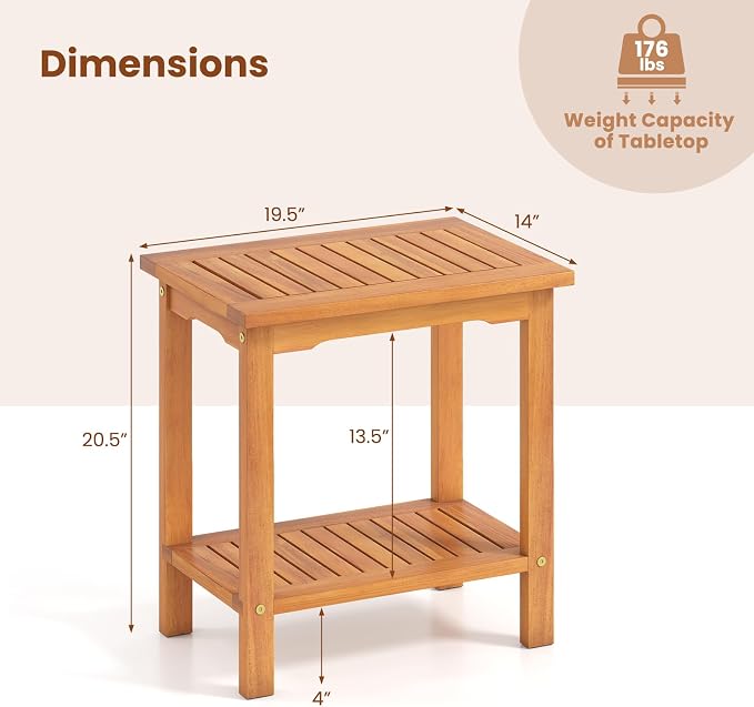 Tangkula Outdoor Side Table, 2-Tier Patio End Table with Slatted Tabletop & Storage Shelf, Acacia Wood Accent Bistro Table for Backyard, Poolside, Garden, Indoor, Natural (1)