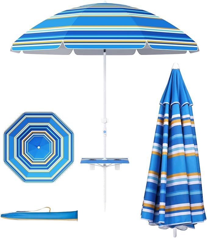 paramondo 7ft Beach Umbrella with Sand Anchor Air Vent Push Button Tilt and Crank, Portable Sunshade Outdoor Patio Umbrella with 8 Sturdy Ribs for Garden, Deck, Backyard, Pool and Beach
