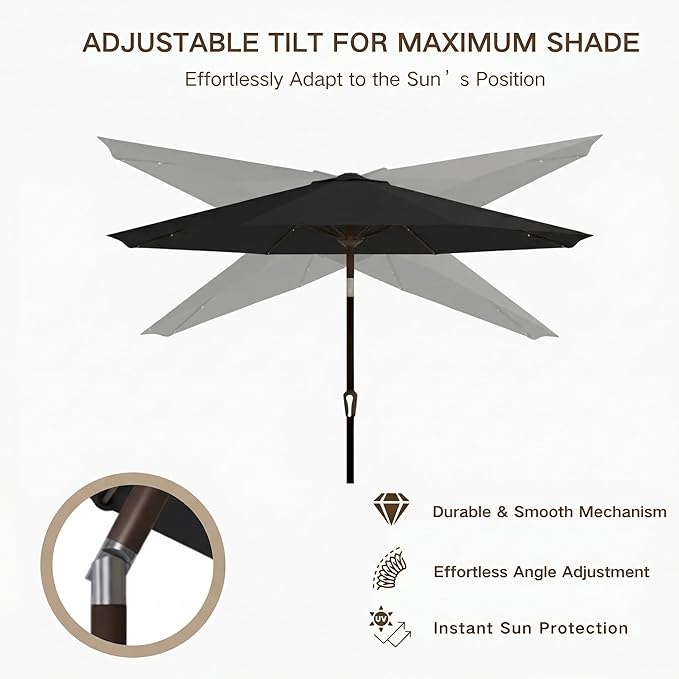 Kingdura 10FT Outdoor Patio Umbrella with Solar Lights, Market Table Umbrella with Push Button Tilt & Crank, 8 Sturdy Ribs, 32 LED Lights, UV Protection for Garden Lawn Deck Backyard Pool (Black)