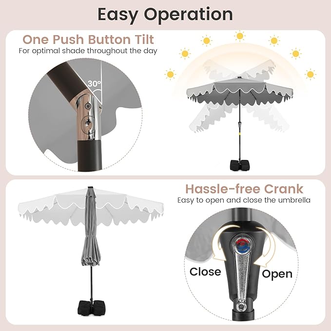 Tangkula 9 FT Solar Patio Umbrella with Base Included, 2-Tiers Outdoor Scalloped Table Umbrella with 32 LED Lights, 2 Sandbags, Tilt Adjustment, Crank, 8 Ribs for Market Backyard Pool Deck Beach Lawn