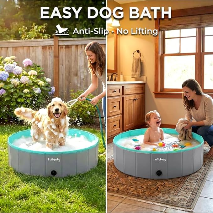 Foldable Dog Pool for Large Dogs, Hard Plastic Kiddie Pool for Dogs, 64" Collapsible Dog Pool with Rigid PP Core, Non-Slip PVC, Durable Pet Bath Tub for Indoor/Outdoor Backyard, Grey