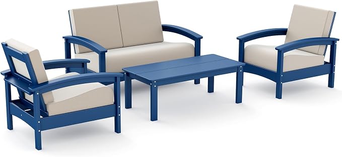 GREENVINES Deluxe 4-Piece Patio Furniture Set | HDPE Plastic | Outdoor Sectional Conversation Sets | All-Weather Couch | Sofa with Coffee Table | Black Frame w/Beige Cushion | for Porch Lawn | Blue