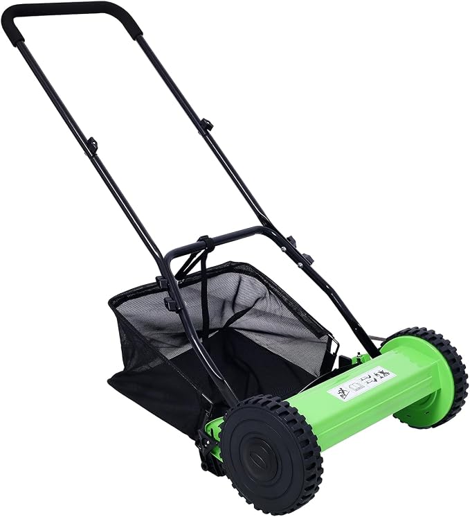 Lawn Mower 16-Inch 5-Blade Reel Mower Push Reel Lawn Mower with Grass Catcher (Green)