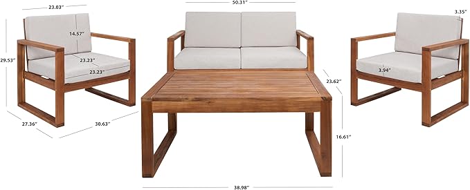 SAFAVIEH Outdoor Collection Emiko Natural/Light Grey Cushion Solid Wood 4-Piece Conversation Patio Set