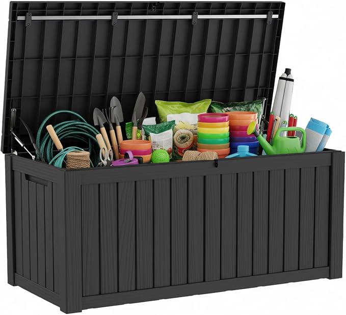 LAUSAINT HOME 230 Gallon Resin Deck Box, Package Delivery Box with Lockable Lid, Waterproof Outdoor Storage Box For Garden Tools, Patio Cushions(230 Gallon,Black)