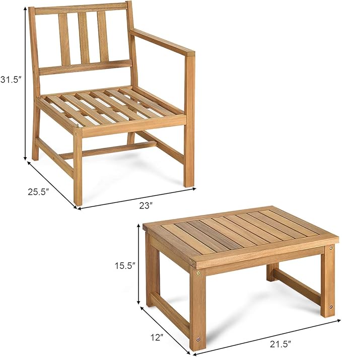 Tangkula 3 in 1 Acacia Wood Loveseat with Separable Coffee Table, 3-Piece Wooden Chairs Set with Cushions, 2-Seater Outdoor Furniture Set for Garden Backyard Balcony Patio Poolside (Natural Teak)