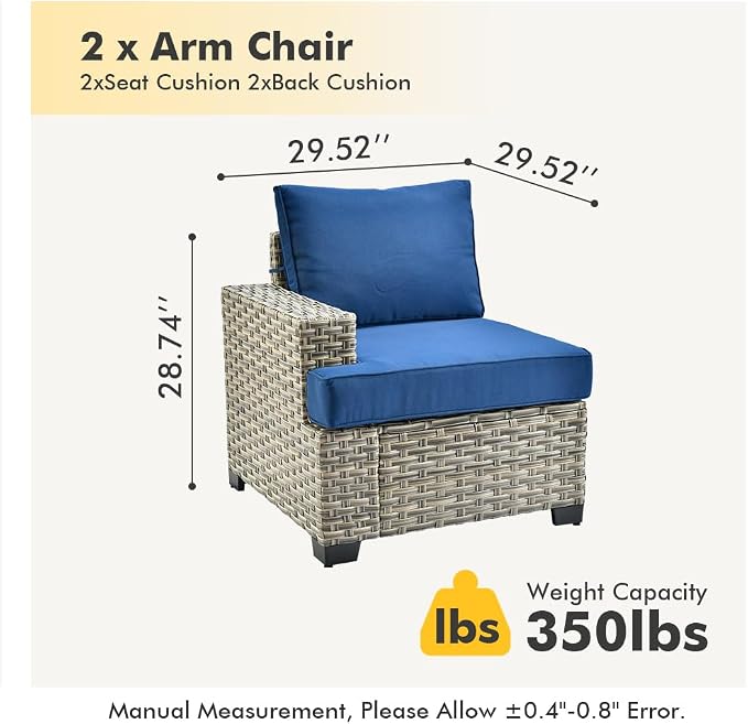 HOOOWOOO Outdoor Sectional Patio Furniture Set,2 Pieces Single Arm Wicker Chairs,Extra Deep Out Door Sofa Outside Furniture,Navy Blue