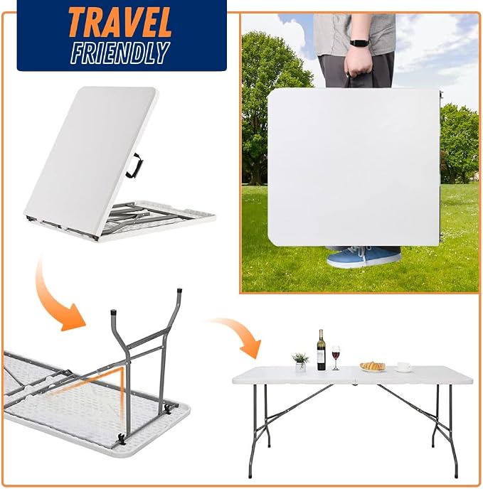 Folding Table Indoor Outdoor Heavy Duty Portable Folding Plastic Dining Table w/Handle, Lock for Picnic, Party, Camping - White (4ft, 6ft, 8ft) (6ft)