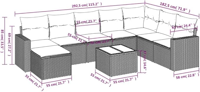9 Piece Black PE Rattan Patio Sofa Set with Cushions & Glass Table 25.8"x24.4"x27.2" Modular Outdoor Sectional for Garden, Terrace, Deck
