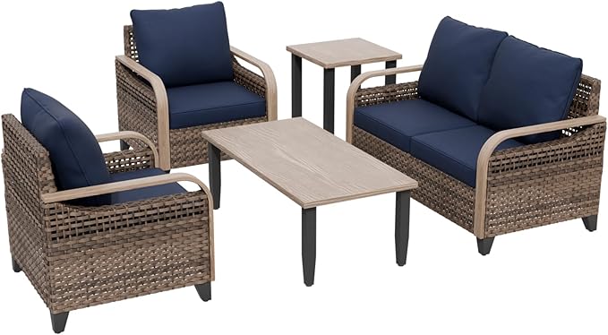 COOS BAY Modern Wicker Outdoor Furniture Set, 5 Piece Patio Conversation Set with 2 Patio Chairs, a Loveseat, Coffee Table and Side Table, 5 Piece, Brown/Blue