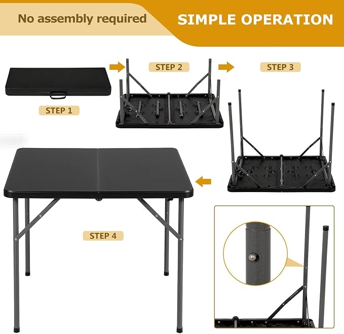 34" Folding Card Table, Heavy Duty Plastic Square Table - Portable Fold-in-Half w/Handle & Lock for Camping, BBQ, Party, Events, Black