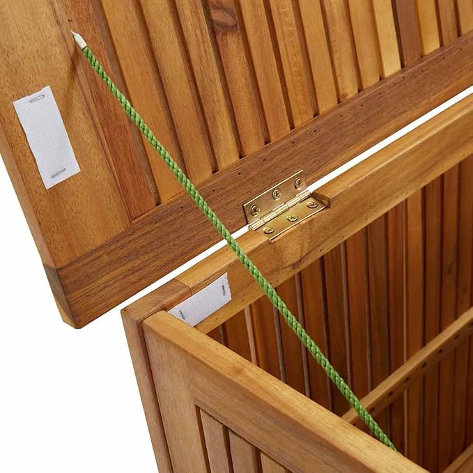 Solid Acacia Wood Outdoor Storage Box with Waterproof Bag, Patio Cushion and Garden Tool Organizer, Rustic Bench and Side Table