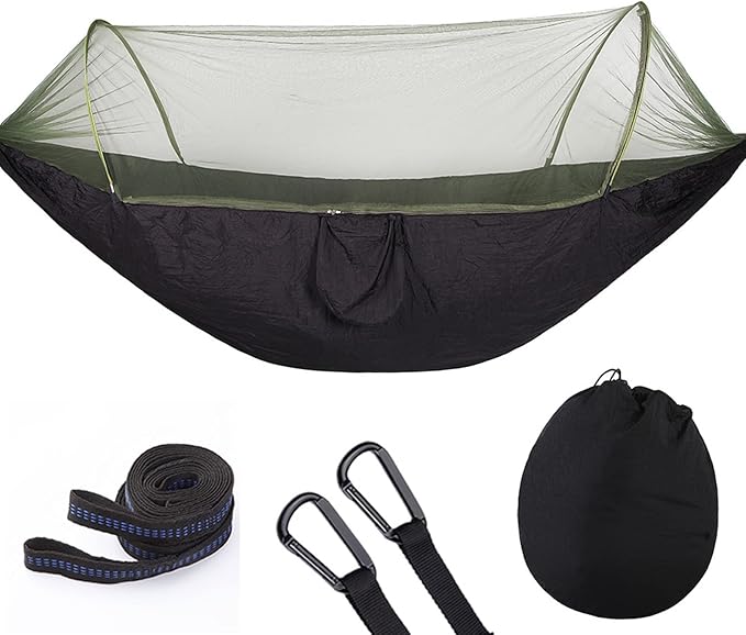 Outdoor Automatic Hammock with Mosquito Net Nylon Portable Lightweight Single Hammock for Camping with 2m Tree Straps Black 5.2'x3.9'
