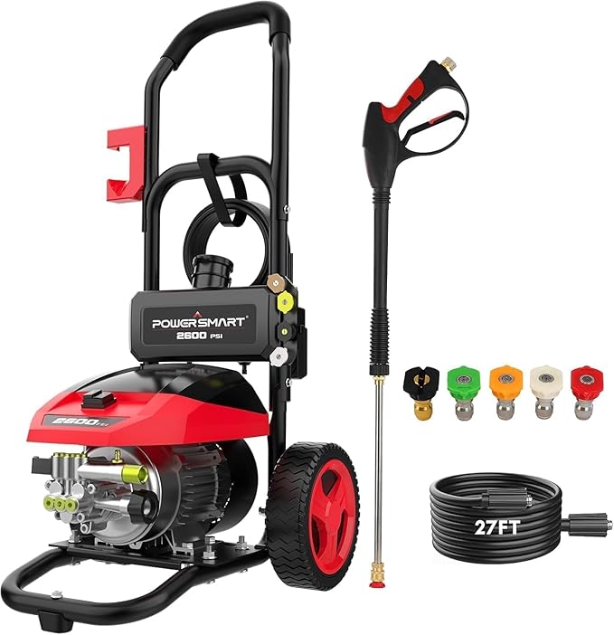 PowerSmart 3000 Max PSI Electric Pressure Washer with Induction Brushless Motor, 1.2 GPM High Pressure Cleaner, 5 Nozzles, 8” Wheels, Detergent Tank, for Car, Patio, Fence, Driveway Cleaning