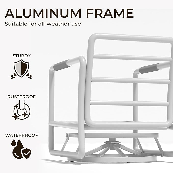 MBY Outdoor Aluminum Patio Furniture Set, 5-Seats Patio Conversation Sofa Set with 2 Swivel Rocking Chairs and 45,000 BTU Fire Pit Table w/Glass Wind Guard, All Weather for Balcony, Garden-White