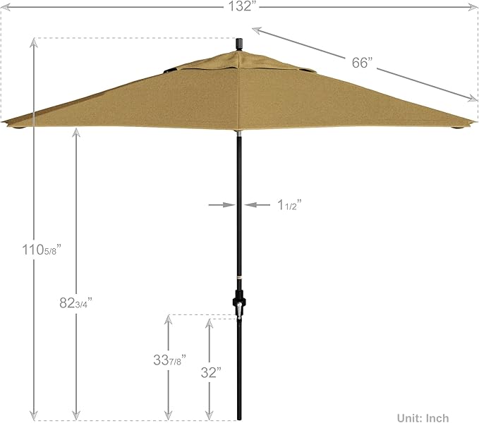 California Umbrella 11Ft Premium Sunbrella Patio Umbrella, Hand-Crank, Tilt-Collar, Black Frame, Heather Beige Fabric