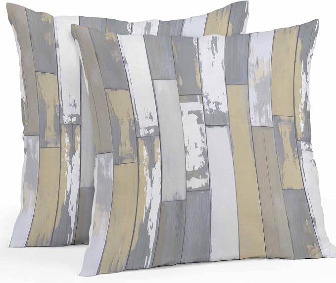 Yellow Gray Outdoor Pillow Covers 26x26 Inch Throw Pillow Covers Set of 2 Waterproof Decorative Pillow Cases Rustic Vintage Shabby Mottled Wood Grain Cushion Covers for Patio Furniture Garden Couch