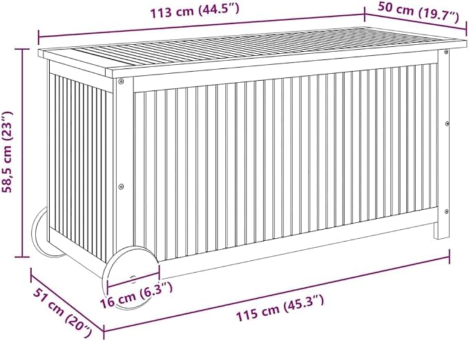 Garden Storage Box Brown Solid Acacia Wood 44.5 x 19.7 x 22.8 in Large Deck Box with Wheels for Outdoor Furniture Cushions Gardening Tools and Patio Organization Accessories