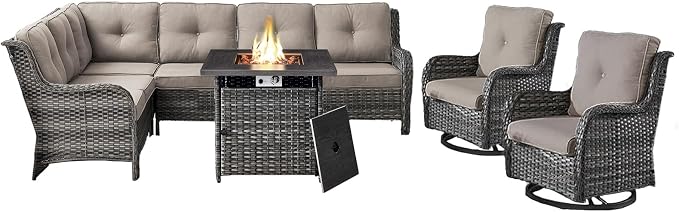 Belord Patio Furniture Set with Fire Pit Table, Outdoor Swivel Rocker Patio Chairs, Oversized Outdoor Sectional Couch, Two 3-Seater Sofas with Coffee Table, Ideal for Porch, Deck, Gray Wicker/Gray