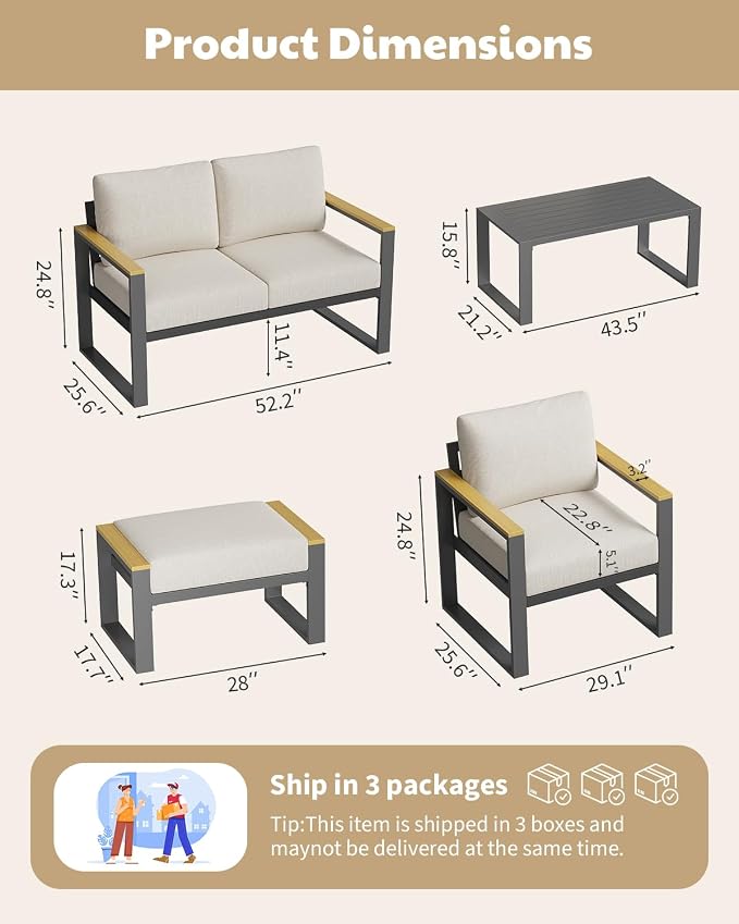 Patio Outdoor Ottoman Assembled Aluminum Footstools Small Seat Side Table Footrest for Balcony, Garden, Deck, Backyard,Beige