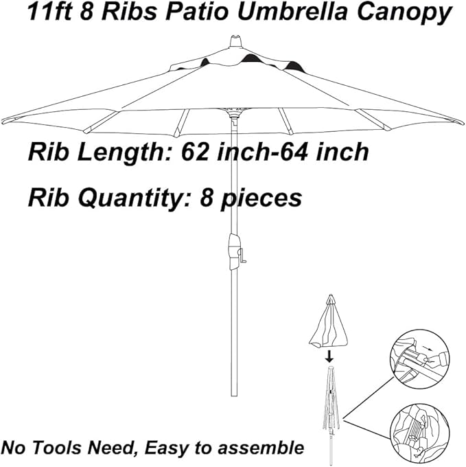 11ft Patio Umbrella Replacement Canopy Market Umbrella Top Outdoor Umbrella Canopy with 8 Ribs