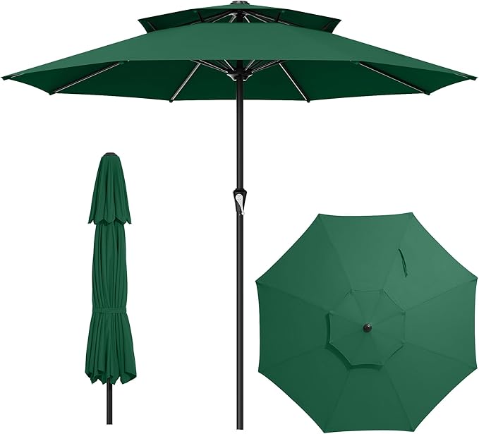 AreShark 11ft 2 Tiers Patio Umbrella - Outdoor Umbrella Waterproof UV Protection, Market Table Umbrella w/ 8 Sturdy Ribs&Crank for Pool, Porch, Garden(Dark Green)