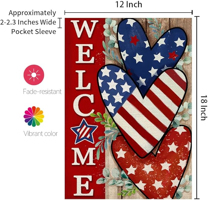 CROWNED BEAUTY 4th of July Patriotic Welcome Garden Flag 12x18 Inch Double Sided USA Flag Hearts Blue Red Memorial Day Independence Day Outside Yard Party Decoration
