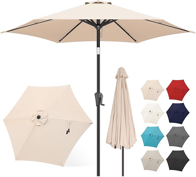 FLAME&SHADE 9ft Patio Umbrella Outdoor - Table Umbrella with Push Button Tilt and Crank, UV Protection, 6 Sturdy Ribs, Market Umbrella for Garden, Deck, Backyard, Lawn, Pool and Beach(Beige)