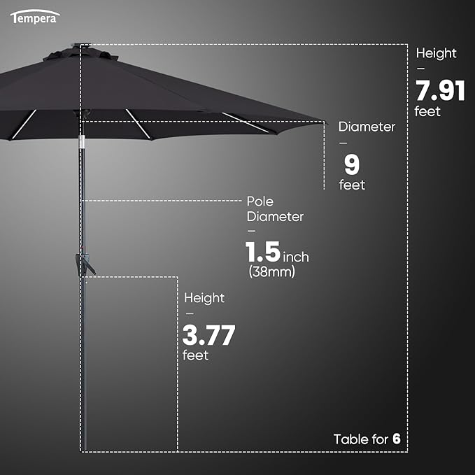 Tempera Solar Patio Umbrella 40 LED Lighted Outdoor Umbrella Table Market Umbrella with Push Button Tilt and Crank, Solar Umbrella with Sturdy Pole&Fade Resistant Canopy, Easy to Set