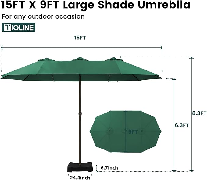 15FT Large Patio Umbrellas with Base Included, Outdoor Double-Sided Rectangle Big Market Umbrella with Stand, Outside Umbrellas for Poolside Lawn Backyard,Green