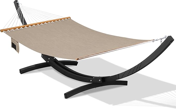 Lazy Daze Hammocks 12 FT 2 Person Double Quick Dry Olefin Blend Hammock with Curved Steel Heavy Duty Stand for Outside, Backyard, Patio, 450 Lbs Capacity, Khaki