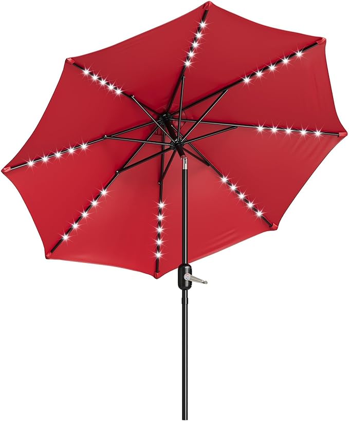 10FT Patio Umbrella with Solar Lights, Outdoor Table Umbrella with Tilt & Crank, 8 Ribs Waterproof UV Protected for Pool, Deck, Backyard, Red