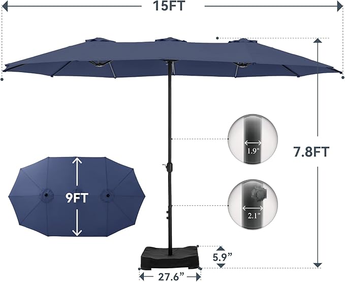 GREEN PARTY 15 ft Rectangular Patio Umbrella with Base Included, Large Double-Sided Outdoor Table Umbrella with Crank, 1.9" Pole UPF 50+ UV Resistant for Pool Deck Backyard Garden, Navy Blue