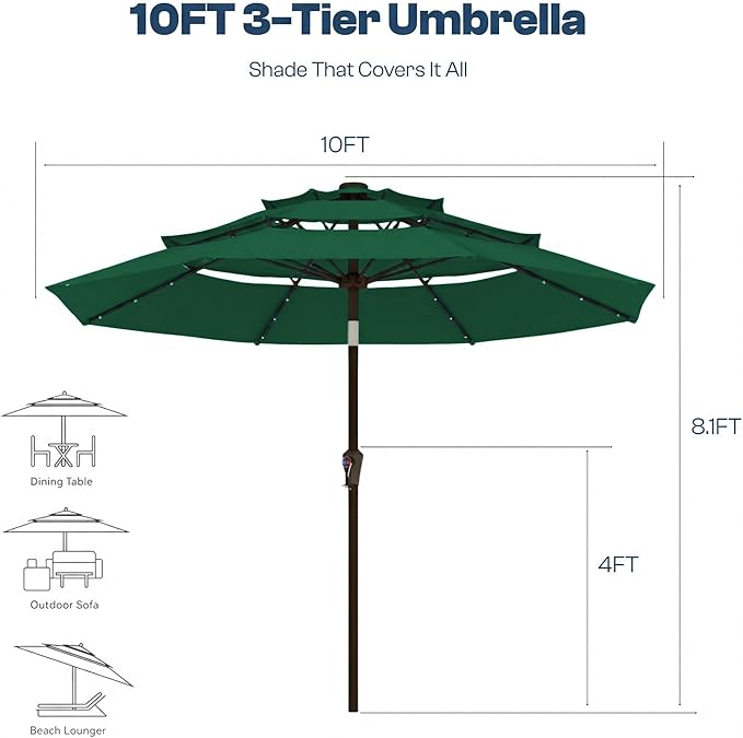 10ft 3-Tier Patio Umbrella with 32 Solar Powered LED Lights, Windproof Outdoor Market Umbrella for Deck, Poolside & Garden, Sturdy Push-Button Tilt Table Umbrella, Forest Green