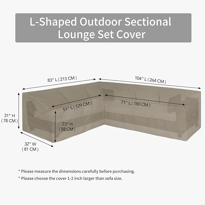 Easy-Going Patio L-Shaped Sectional Sofa Cover, 83“X104 Waterproof Outdoor Sectional Cover, Heavy Duty Garden Furniture Cover with Air Vent (Left Facing, Camel)