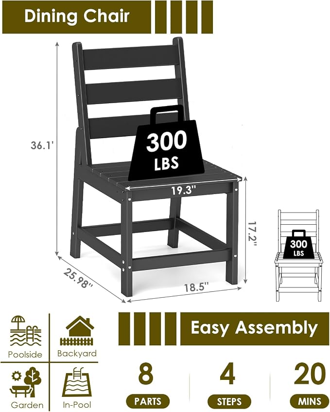 GREENVINES Patio-Chair | Outdoor Dining Chairs Set of 2 | HDPE Plastic | Armless |All Weather | for Backyard Deck Poolside Garden | Black