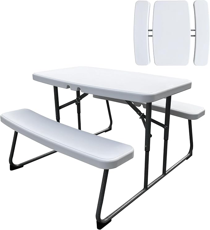Elevon Folding Picnic Table with Benches, Outdoor Picnic Table HDPE Tabletop & Steel Frame, Ideal for Yard Patio Lawn Party, White