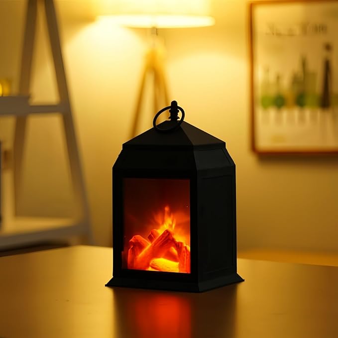 Simulated LED Fireplace Lantern USB & Battery Powered Flameless Light with Simulation Flame Table Decorative Lamp Mini Fireplace Ornament for Cozy Home Decor Free Standing Electric Log Burner
