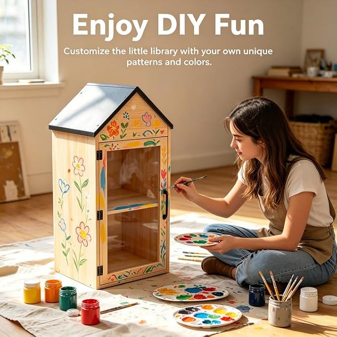 Little Outdoor Library Box, 2-Tier Waterproof Free Library Wooden Cabinet, 13"L x 11"W x 30"H Small Storage Box for DIY, Neighbourhoods, Communities and Kids to Share Books, Magazines, Artworks