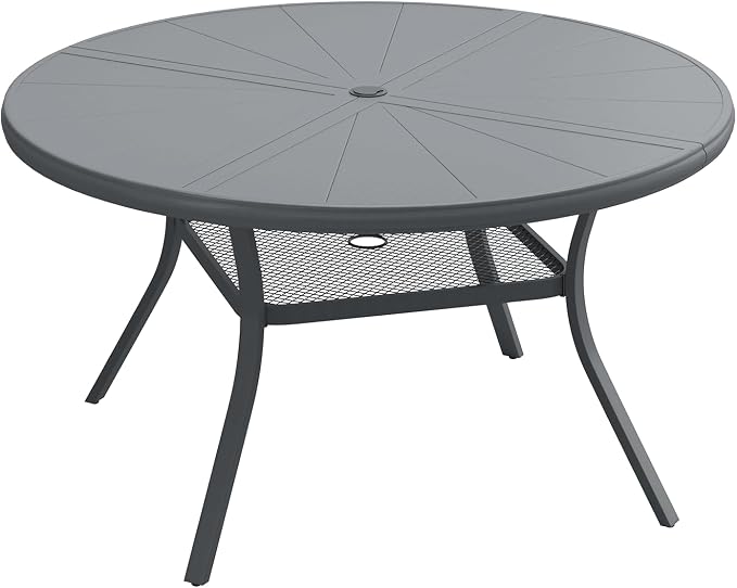 Outdoor Patio Round Dining Table for 6, 47.3" x 47.3" Sleek Aluminum Dining Table with Umbrella Hole for Backyard Garden Lawn Deck, Dark Grey
