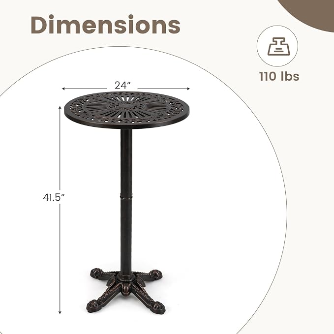 Tangkula 24" Outdoor Round Bar Table, Cast Aluminum Heavy Duty Patio High Table with Stable Cross-Shaped Base, for Garden Porch Balcony or Poolside