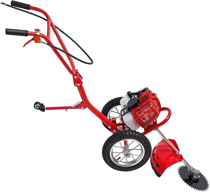 49CC Gas Lawn Mower, 2-Stroke Walk Behind Push Lawn Mower Trimmer, Eater Brush Cutter with Wheels Height Adjustable Grass Pruning Shears Mower Weed for Home Garden Yard