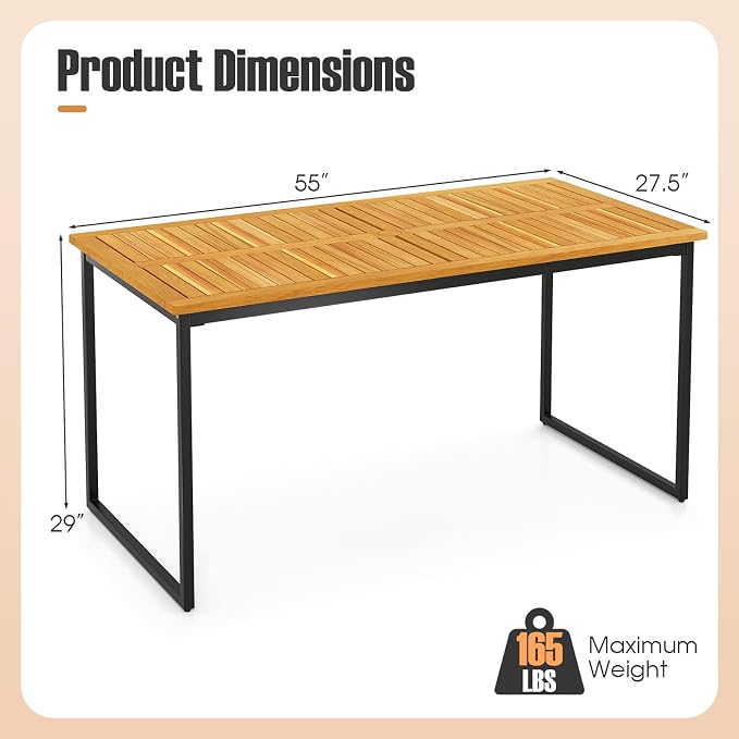 Patio Dining Table, 6-Person Acacia Wood Dining Table with 2 Inches Umbrella Hole, Slatted Tabletop & Adjustable Foot Pads, Outdoor Dining Table for Garden, Poolside & Dining Room
