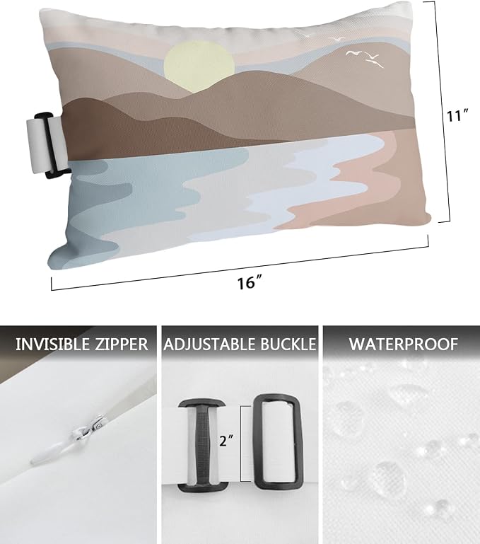 Outdoor Pillows Covers with Inserts Sunrise Mountain Beautiful Seaside Abstract Painting Waterproof Pillow with Adjustable Strap Throw Pillows for Patio Furniture Recliner Lounge Chair, 11"x16", 1PCS
