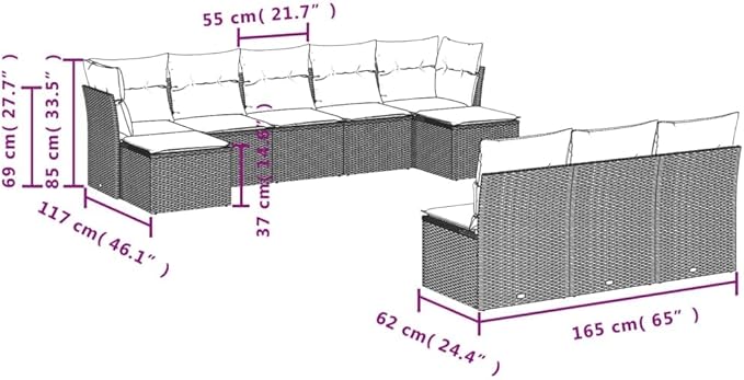 10 Piece Patio Sofa Set with Cushions, Outdoor Dining Sets Garden Lounge Set Patio Conversation Set Porch Furniture Set for Poolside Exhibition Piazza Negotiation Area Black Poly Rattan