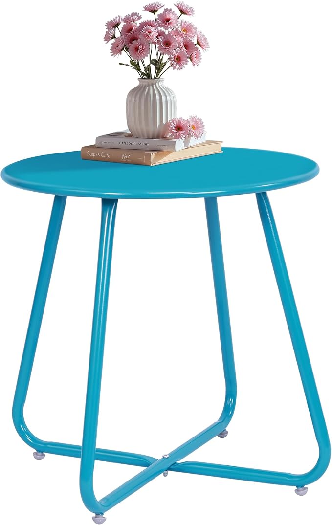 Patio Small Side Table Waterproof Round Metal Steel Weather Resistant Portable Outdoor and Indoor End Table for Garden Balcony Yard,Sky Blue