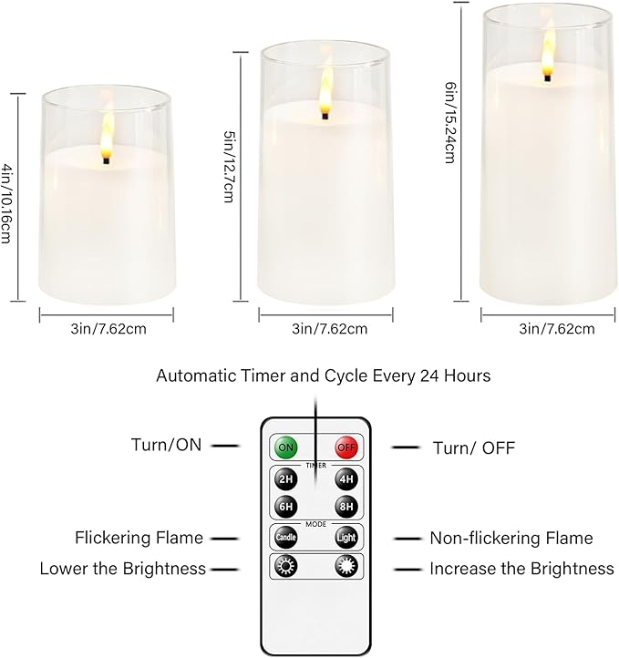 kakoya Flickering Flameless Candles Battery Operated with Remote and 2/4/6/8 H Timer Acrylic Led Pillar Candles Pack of 9 (D 3" xH 4" 5" 6") with Realistic 3D Wick Candles for Home Decor(White)