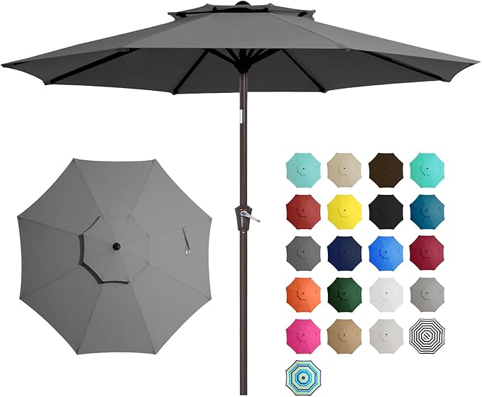 JEAREY 9' 2-Tiers Patio Umbrellas Outdoor Table Market Umbrella w/Push Button Tilt/Crank, 8 Sturdy Ribs, UV Protection Waterproof Sunproof(Gray)