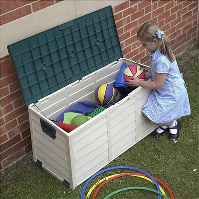 Plastic Outdoor Storage Box with Wheels, Movable Deck Box for Patio, Water-Resistant Tool Chest Cabinet, Portable Storage Bin for Garden, Yard and Balcony(Brown)