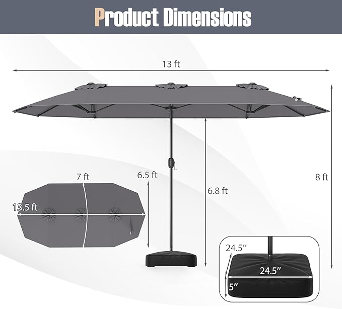 Tangkula 13FT Double-sided Patio Umbrella, Extra Large Twin Table Umbrella with Crank Handle, Umbrella Base, Safety Lock, Air Vent, Outdoor Market Umbrella for Garden Pool Backyard (Gray)